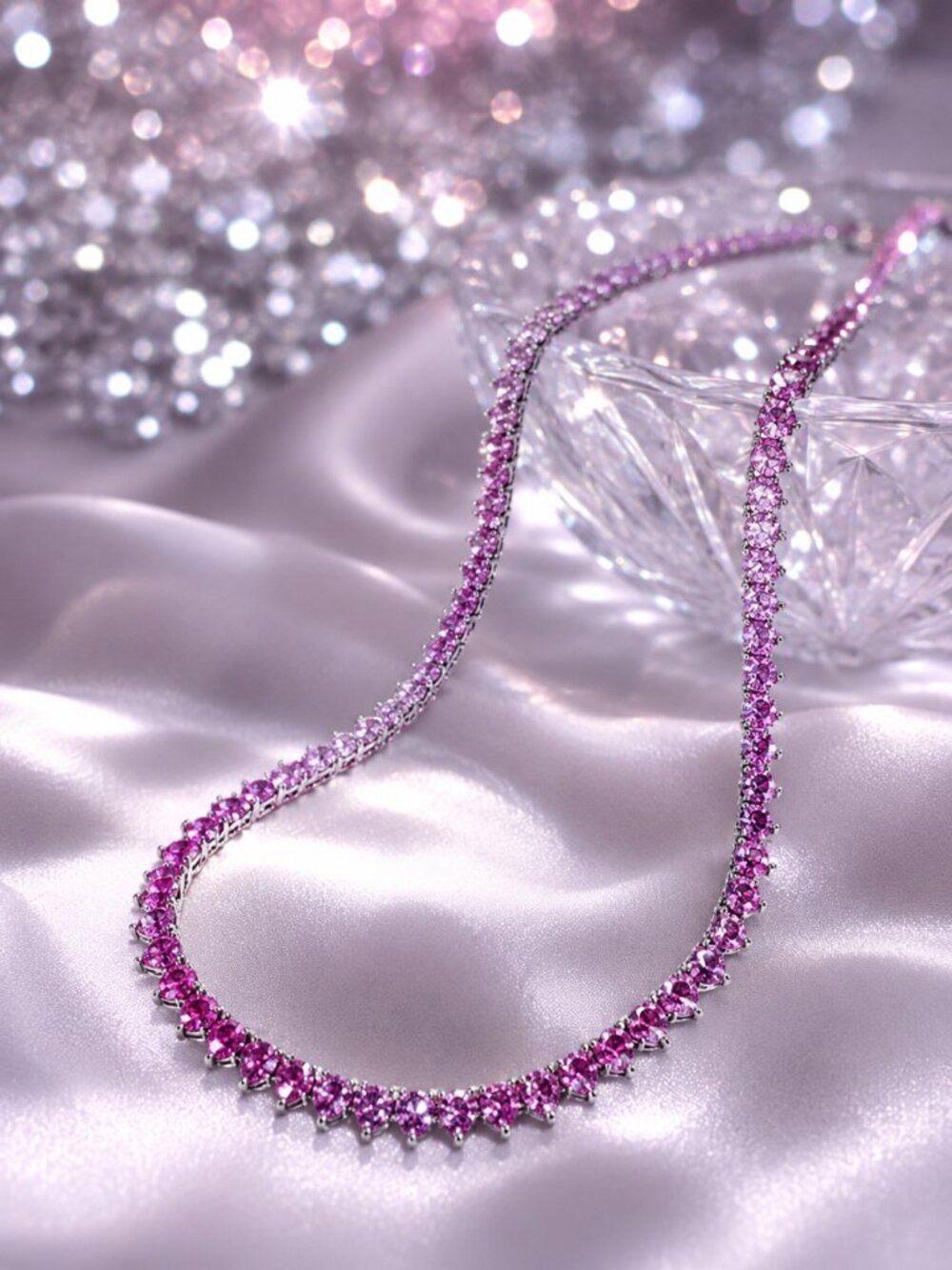 3mm Pink Simulated Sapphire Diamondette Ombré Tennis Necklace 18" - Picture 1 of 7